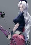  1girl absurdres bow_(weapon) breasts commentary_request compound_bow contemporary expressionless grey_background grey_hair hat highres holding holding_bow_(weapon) holding_weapon large_breasts long_braid long_hair looking_at_viewer looking_to_the_side nurse_cap puffy_short_sleeves puffy_sleeves short_sleeves signature simple_background solo touhou two-tone_shirt two-tone_skirt very_long_hair weapon wrist_cuffs yagokoro_eirin yagoro_kusuriya 