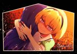  2girls absurdres black_hairband blonde_hair closed_mouth commentary_request dutch_angle furude_rika glowing glowing_eyes green_shirt hair_between_eyes hairband highres higurashi_no_naku_koro_ni houjou_satoko hug long_bangs long_hair multiple_girls puffy_short_sleeves puffy_sleeves purple_eyes red_eyes sailor_collar shaded_face shirt short_hair short_sleeves smile tazaki_nabe upper_body white_sailor_collar white_shirt 