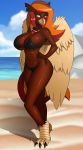  2018 3_toes 5_fingers absurd_res amber_eyes anthro avian beach beak big_breasts bikini breasts chacrawarrior cleavage clothed clothing cloud fan_character female freckles hair hand_on_hip hi_res hippogryph jewelry long_hair looking_at_viewer midriff my_little_pony navel necklace non-mammal_breasts orange_hair outside sand seaside sky smile solo standing swimwear toes water wings 