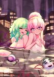  2girls closed_eyes commentary_request completely_nude fub_(fubimanji) green_hair hata_no_kokoro heart heart_of_string highres komeiji_koishi leaning_on_person long_hair looking_to_the_side mask multiple_girls naked_towel nude onsen open_mouth pink_eyes pink_hair short_hair smile third_eye touhou towel yuri 