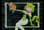  1boy 1girl animal_ears batrobin_k blush bow bowtie breasts cat_ears cat_girl cat_tail character_request cleavage clothing_cutout elbow_gloves fang gloves green_eyes green_gloves green_hair green_leotard kemonomimi_mode keroro keroro_gunsou kururu_(keroro_gunsou) large_breasts leotard looking_at_viewer navel_cutout open_mouth pantyhose personification red_bow red_bowtie short_hair smile star-shaped_pupils star_(symbol) symbol-shaped_pupils tail white_pantyhose 