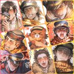  1boy afterimage alternate_hairstyle angry animal_ears bear_boy birthday blood blood_on_face blush character_print collage disdain dog_ears expressions fangs fangs_out frown furrification furry furry_male golden_kamuy grin hair_down hat hat_over_one_eye heart highres kemonomimi_mode kepi looking_at_viewer male_focus military_hat motion_lines official_alternate_hairstyle ra_north0409 scar scar_on_cheek scar_on_face scar_on_nose self_character_print smile sugimoto_saichi veiny_face 