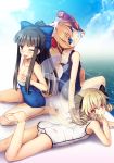 3girls :&lt; ;) ;p arm_support ass bangs bare_arms bare_legs bare_shoulders barefoot black_bow black_hair blonde_hair blue_bow blue_eyes blue_sky blue_swimsuit blunt_bangs blush bow breasts brown_eyes chima_q collarbone commentary_request covered_navel covering covering_breasts day drill_hair eyebrows_visible_through_hair fairy_wings from_behind gradient gradient_background hair_between_eyes hair_bow head_tilt headdress highres lace_trim long_hair long_ponytail looking_at_viewer looking_back luna_child lying multiple_girls no_hat no_headwear on_stomach one-piece_swimsuit one_eye_closed open_mouth orange_hair ponytail red_bow red_eyes seiza shadow short_hair sidelocks sitting sky small_breasts smile soaking_feet star_sapphire sunny_milk swimsuit thighs tongue tongue_out touhou twintails water white_background white_swimsuit wings 