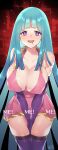 1girl :d bare_shoulders between_legs blue_hair blunt_bangs blunt_tresses blush breasts cleavage collarbone copyright_name covered_nipples dress drooling elbow_gloves frills gloves halter_dress halterneck hand_between_legs highres large_breasts long_hair looking_at_viewer me!me!me! meme_(me!me!me!) mouth_drool murata_tefu open_mouth pleated_dress purple_eyes short_dress signature smile solo thick_thighs thighs v_arms very_long_hair 