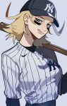  1girl 2024 absurdres alternate_costume baseball_bat baseball_cap baseball_uniform blonde_hair blue_eyes hat highres kingdom_hearts larxene porqueloin sneer sportswear white_background 