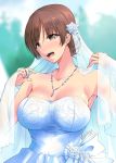  1girl bangs bare_shoulders blush breasts bridal_veil brown_eyes brown_hair cleavage collarbone dress idolmaster idolmaster_cinderella_girls jewelry kirisaki_byakko large_breasts long_hair looking_at_viewer necklace nitta_minami open_mouth smile solo strapless strapless_dress swept_bangs twitter_username veil wedding_dress white_dress 