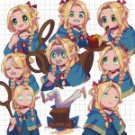  1girl ambrosia_(dungeon_meshi) angellyuna blonde_hair blue_capelet blue_dress blush braid brown_background capelet dress dungeon_meshi eating food green_eyes grid_background hair_around_ear long_hair low_twin_braids marcille_donato multiple_views open_mouth parted_bangs pointy_ears simple_background smile spoon tart_(food) toon_(style) twin_braids very_long_hair white_background 