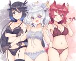  3girls :o ;) ahoge armpits black_bra black_dragon_(kemono_friends) black_hair black_horns black_panties blonde_hair blue_hair blush bra breasts closed_mouth colored_tips commission cowboy_shot dragon_ears dragon_girl dragon_horns dragon_tail fang fingernails frilled_bra frilled_panties frills garter_belt garter_straps gloves grey_bra grey_eyes grey_hair grey_horns grey_panties hair_between_eyes hand_on_own_arm hand_on_own_hip hand_up hands_up highres horns kemono_friends kemono_friends_3 long_hair looking_at_viewer medium_breasts medium_hair multicolored_hair multicolored_horns multiple_girls navel one_eye_closed open_mouth orange_hair panties parted_lips purple_eyes red_bra red_dragon_(kemono_friends) red_eyes red_horns red_panties shiraha_maru skeb_commission skin_fang small_breasts smile stomach tail two-tone_hair underwear underwear_only very_long_hair white_dragon_(kemono_friends) yellow_horns 