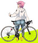  1girl absurdres ass bicycle blue_pants denim full_body glasses hair_ornament hairpin highres hood hoodie jeans koeru_otoge-san looking_at_viewer looking_back neyuki_rei open_mouth otouge_azuki pants pantylines pink_hair profile short_hair sideways_mouth sitting socks solo white_hoodie yellow_eyes yellow_socks 