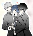  1117_shimo amamiya_ren black_eyes black_hair black_jacket blue_hair boy_sandwich closed_mouth flying_sweatdrops gekkoukan_high_school_uniform glasses grey_eyes grey_hair hair_between_eyes hair_over_one_eye heart highres holding_hands jacket long_sleeves male_focus multiple_boys narukami_yuu open_mouth persona persona_3 persona_4 persona_5 sandwiched school_uniform shuujin_academy_school_uniform simple_background sweat yasogami_school_uniform yuuki_makoto_(persona_3) 