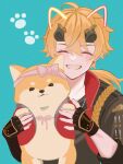  1boy ahoge animal bishounen black_shirt blonde_hair blue_background closed_eyes dog domenica_mpana genshin_impact highres holding holding_animal holding_dog jacket jewelry male_focus medium_hair necklace paw_print ponytail shiba_inu shirt simple_background smile solo thoma_(genshin_impact) upper_body 