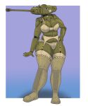 2024 5:6 absurd_res anthro big_breasts blue_eyes breasts clothing colored female garter_belt garter_straps green_body hand_on_hip hi_res legwear living_machine living_tank living_vehicle looking_at_viewer m26_pershing machine panzerschreckleopard scarlett_(panzerschreckleopard) slightly_chubby slightly_chubby_female solo stockings tan_clothing tank vehicle wide_hips