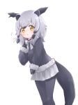  1girl absurdres animal_ears binturong_(kemono_friends) binturong_girl black_sweater bow bowtie extra_ears gloves grey_hair grey_skirt highres kemono_friends kuromitsu_(9633_kmfr) long_hair looking_at_viewer pantyhose ribbon simple_background skirt solo sweater tail thighhighs yellow_eyes 