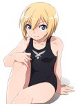  1girl black_one-piece_swimsuit blonde_hair blue_eyes breasts closed_mouth erica_hartmann looking_at_viewer nanashino one-piece_swimsuit short_hair simple_background small_breasts smile solo strike_witches swimsuit white_background world_witches_series 