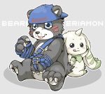  2016 anthro bearmon black_fur blush clothing digimon digimon_(species) duo english_text fur hat headgear headwear male roostax_wilddog sitting slightly_chubby terriermon text tongue tongue_out 