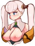  1girl blue_eyes blush breasts breasts_out commentary_request cropped_torso detached_collar konarofu large_breasts light_frown looking_to_the_side nipples shiny_skin solo tolone_(xenogears) twintails upper_body white_hair xenogears 