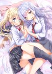  2girls aruka_(alka_p1) ass bangs bed_sheet black_sailor_collar blonde_hair blue_eyes blush braid closed_mouth collared_shirt commentary_request eyebrows_visible_through_hair grey_legwear grey_shirt grey_skirt hair_between_eyes hair_ornament hair_ribbon hair_tie hair_tie_in_mouth hairclip head_tilt highres holding_hands interlocked_fingers long_hair looking_at_viewer lying mouth_hold multiple_girls necktie on_side open_mouth original pillow plaid plaid_neckwear plaid_skirt pleated_skirt red_neckwear red_ribbon ribbon sailor_collar shirt silver_hair skirt smile socks_removed thighhighs thighhighs_pull twintails very_long_hair wavy_mouth white_legwear x_hair_ornament yellow_eyes yuri 