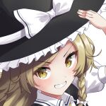  1girl ambasa black_headwear blonde_hair blush bow braid commentary_request grin hair_bow hand_on_headwear hat hat_bow kirisame_marisa long_hair looking_at_viewer side_braid single_braid smile solo touhou white_bow witch_hat yellow_eyes 