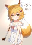  1girl aliter animal_ear_fluff animal_ears apron bangs bare_arms bare_shoulders blonde_hair blush breasts brown_background brown_eyes cleavage closed_mouth collarbone dated eyebrows_visible_through_hair flower fox_ears fox_girl fox_tail frilled_apron frills gradient gradient_background hair_between_eyes hair_flower hair_ornament highres holding ladle looking_at_viewer naked_apron red_flower red_ribbon ribbon ribbon-trimmed_apron ribbon_trim senko_(sewayaki_kitsune_no_senko-san) sewayaki_kitsune_no_senko-san short_hair signature sketch small_breasts solo standing strap_slip tail tail_raised white_apron white_background 