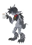 1_eye anthro bell bell_collar beverage blue_eyes claws coffee coffee_cup collar container cup cute_expression deishun ears_back fan_character fur grey_body grey_fur grey_hair hair male monster pivoted_ears solo spines tail tired tired_eyes zarjhan_mary