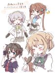  4girls arm_warmers asagumo_(kancolle) ascot black_gloves black_shirt blue_ascot bow bowtie brown_hair closed_eyes collared_shirt commentary_request double_bun dress dress_shirt gloves green_bow green_bowtie green_hairband grey_eyes grey_hair grey_skirt hair_brush hair_bun hair_flaps hair_rings hairband kantai_collection matching_hairstyle medium_hair michishio_(kancolle) miko_(35nikomi) mouth_hold multiple_girls necktie pinafore_dress pleated_skirt red_necktie sailor_collar school_uniform serafuku shigure_(kancolle) shirt short_hair skirt sleeveless sleeveless_dress suspender_skirt suspenders tsuki_ni_kawatte_oshioki_yo twintails upper_body white_background white_sailor_collar white_shirt yamagumo_(kancolle) 