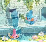  1boy 1girl absurdres aisutabetao black_eyes brick_wall closed_eyes day flower highres leaf lily_pad mudkip multiple_others no_humans open_mouth outdoors pink_flower pokemon pokemon_(creature) smile swimming water water_lily_flower white_flower 