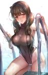  1girl ahoge bangs bare_legs bare_shoulders blunt_bangs blush breasts brown_hair brown_swimsuit climbing commentary competition_swimsuit dsr-50_(girls_frontline) eyebrows_visible_through_hair girls_frontline grin groin hair_tie head_tilt highleg highleg_swimsuit large_breasts long_hair looking_at_viewer low_twintails one-piece_swimsuit pool pool_ladder qian_wu_atai red_eyes sidelocks smile solo swimsuit twintails wet 