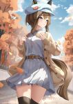  1girl absurdres animal_ears autumn baozi belt blue_eyes breasts brown_hair casual cheval_grand_(umamusume) cloud commentary_request food hair_between_eyes hat highres horse_ears horse_girl horse_tail leaf medium_breasts medium_hair sky smile solo sunny_(20597521) tail thighhighs tree umamusume 