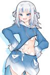  1girl absurdres adapted_costume clothing_cutout commentary cowboy_shot drawstring english_commentary gawr_gura gawr_gura_(1st_costume) hands_on_own_hips highres hood hood_down ma_draws navel sleeves_past_wrists solo standing stomach_cutout thighs 