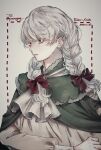  1girl ascot borrowed_character bow braid capelet expressionless green_capelet green_eyes grey_hair hair_bow highres long_hair looking_to_the_side machihazure original parted_lips solo twin_braids upper_body 