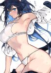 1girl animal_ears arknights armpits bikini black_hair blaze_(arknights) blue_eyes blue_hair breasts commentary_request highres kyuu_(plastic_night_q) large_breasts long_hair looking_at_viewer multicolored_hair navel simple_background solo swimsuit thighs two-tone_hair wet white_background white_bikini 