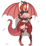  1:1 2019 absurd_res alpha_channel anthro barefoot big_breasts breasts clothing dragon female hair hi_res horn nipples open_mouth pigeon_toed red_eyes red_hair serena_(fudgefiend) simple_background solo standing surprise thick_thighs torn_clothing transformation underwear unidentified-tf wide_hips wings 