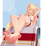  1girl absurdres animal_ear_fluff animal_ears arm_up armpits artist_name barefoot beach beach_chair blonde_hair blue_sky breasts brown_eyes character_request closed_mouth collarbone copyright_request crossed_ankles day feet foot_focus foreshortening full_body hair_between_eyes highres large_breasts legs long_hair looking_at_viewer ocean outdoors shadow sidelocks sky smug soles solo staerk tail thigh_strap thighs toes twitter_username 