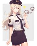  1girl absurdres alternate_costume belt belt_buckle black_belt black_headwear black_necktie black_skirt buckle closed_mouth collared_shirt commentary corrin_(female)_(fire_emblem) corrin_(fire_emblem) cuffs english_commentary fire_emblem fire_emblem_fates grey_hair hair_between_eyes handcuffs hat highres holding holding_handcuffs long_hair looking_at_viewer necktie pocket pointy_ears police police_hat police_uniform policewoman red_eyes shirt short_sleeves simple_background skirt smile solo truejekart uniform white_shirt 