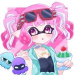  1girl :o cherry commentary cup eyelashes eyewear_on_head food fruit highres holding holding_cup holding_spoon inkling inkling_girl inkling_player_character pink_eyes pink_hair pointy_ears red-framed_eyewear short_hair simple_background solo splatoon_(series) spoon sunglasses tentacle_hair tonbofree twintails upper_body white_background 