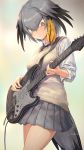  1girl bird_tail black_hair black_neckwear blonde_hair breasts cardigan collared_shirt cowboy_shot eyebrows_visible_through_hair green_eyes grey_hair grey_skirt guchico guitar hair_between_eyes holding holding_instrument instrument kemono_friends large_breasts long_sleeves looking_away looking_down multicolored_hair necktie pleated_skirt shirt shoebill_(kemono_friends) short_hair skirt solo symbol_commentary white_shirt 
