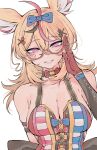  1girl ahoge animal_ear_fluff animal_ears bare_shoulders blonde_hair bow breasts cleavage commentary_request fox_ears glasses gloves hair_bow hair_ornament highres hololive kakult2017 large_breasts long_hair looking_at_viewer multicolored_hair omaru_polka omaru_polka_(1st_costume) parted_lips pink_eyes red_gloves semi-rimless_eyewear simple_background smile solo streaked_hair virtual_youtuber white_background 