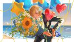  1boy arm_behind_back balloon bent_over black_suit blonde_hair blue_eyes blue_flower bouquet candy chocolate chocolate_bar curly_eyebrows facial_hair flower food goatee green_ribbon heart_balloon highres holding holding_balloon holding_bouquet jennyandloiryan mustache ocean one_piece outdoors ribbon sanji_(one_piece) short_hair smile suit sunset white_flower yellow_flower 