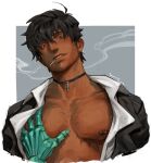  2boys bara barbell_piercing bare_pectorals black_hair character_request coat collared_shirt cropped_torso dark-skinned_male dark_skin gem1ny grabbing highres long_sleeves looking_at_viewer male_focus mastectomy_scar multiple_boys nicholas_d._wolfwood nipples pectoral_grab pectorals piercing pov pov_hands scar scar_on_chest shirt short_hair simple_background smile solo_focus sparse_chest_hair trigun trigun_stampede yaoi 