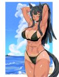  1girl absurdres alternate_costume animal_ears armpits arms_up bandaid bandaid_on_face bandaid_on_nose beach bikini black_bikini black_hair blue_sky blush border breasts cleavage closed_mouth cloud cloudy_sky collarbone commentary cowboy_shot ear_ornament hair_between_eyes highres horse_ears horse_girl horse_tail large_breasts long_hair looking_at_viewer minew mouth_hold muscular muscular_female narita_brian_(umamusume) navel ocean outdoors outside_border ponytail sand sky solo stalk_in_mouth swimsuit tail tan tanlines umamusume water white_border yellow_eyes 