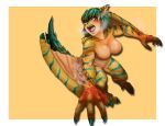 animal_ears animal_humanoid animal_tail big_breasts breasts breath_cloud capcom claws digitigrade eyelashes featureless_breasts featureless_crotch female flying_wyvern green_body green_claws green_hair green_scales green_stripes hair hi_res humanoid monster_hunter nude open_mouth orange_background pupils red_eyes scales scalie scalie_humanoid sharp_teeth simple_background slit_pupils solo stripes tan_body tan_scales teeth thick_thighs tigrex white_background wide_hips winged_arms winged_humanoid wings yellow_body yellow_scales zoo5469