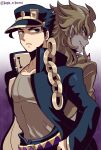  2boys back-to-back belt black_coat black_hair black_headwear black_pants blonde_hair blue_eyes chain coat collarbone dio_brando earrings eyelashes gradient_background grey_shirt hat jewelry jojo_no_kimyou_na_bouken kotorai kujo_jotaro long_hair long_sleeves looking_back male_focus multiple_boys open_clothes open_coat pants parted_lips pectorals red_eyes red_nails shirt short_hair twitter_username 