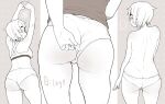 ! ... 1girl absurdres adjusting_clothes adjusting_panties arms_up ass ass_focus back butt_crack character_name cowboy_shot from_behind greyscale highres koeru_otoge-san lineart looking_at_viewer looking_back monochrome multiple_views neyuki_rei otouge_azuki panties profile short_hair sports_bra thick_eyebrows thighs topless underwear 