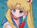  1girl bishoujo_senshi_sailor_moon blonde_hair blue_eyes blue_sailor_collar breasts choker circlet cleavage commentary_request crescent crescent_earrings derivative_work double_bun earrings hair_bun jewelry konarofu medium_breasts meme red_choker sailor_collar sailor_moon sailor_moon_redraw_challenge_(meme) screencap_redraw solo sweatdrop tsukino_usagi twintails upper_body 