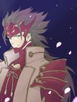  1boy armor brown_hair cherry_blossoms falling_petals fire_emblem fire_emblem_fates japanese_armor long_hair manu_aki petals red_armor ryoma_(fire_emblem) spiked_hair 