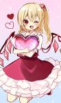  1girl blonde_hair crystal_wings dress fang flandre_scarlet frills full_body hair_ornament heart heart_hair_ornament highres hugging_object medium_hair one_eye_closed open_mouth red_dress side_ponytail skin_fang solo touhou yuineko 