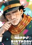  1boy absurdres birthday blush confetti golden_kamuy happy_birthday hat highres kepi looking_at_viewer male_focus military_hat oguru_ss rubbing_nose scar scar_on_cheek scar_on_face scar_on_nose scarf shy solo sugimoto_saichi upper_body 