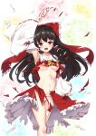  1girl ambasa ascot black_hair blush bow breasts danmaku detached_sleeves frilled_bow frilled_hair_tubes frills gohei hair_bow hair_tubes hakurei_reimu highres long_hair midriff navel nipples ofuda open_mouth panties red_bow red_eyes red_skirt ribbon-trimmed_sleeves ribbon_trim skirt skirt_set solo torn_clothes touhou underboob underwear yellow_ascot 