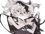  2girls androgynous bandaged_arm bandages bare_shoulders black_choker black_gloves black_hair black_nails black_shirt black_vest chain choker closed_mouth collarbone dual_persona eight-b fingerless_gloves flower_(vocaloid) flower_(vocaloid3) flower_(vocaloid4) gloves hair_between_eyes hand_on_another&#039;s_arm hand_on_another&#039;s_chest highres holding holding_chain medium_hair multicolored_hair multiple_girls nail_polish no_pupils ponytail purple_eyes shirt short_hair single_glove sleeveless streaked_hair vest vocaloid white_background white_hair 