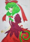  1girl arm_ribbon bow dress frilled_bow frilled_ribbon frills front_ponytail green_eyes green_hair hair_bow hair_ribbon highres kagiyama_hina masaki_illust open_mouth red_bow red_ribbon ribbon smile solo touhou traditional_media 